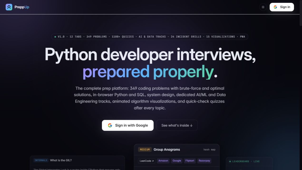 PreppUp's live landing page for Python interview preparation